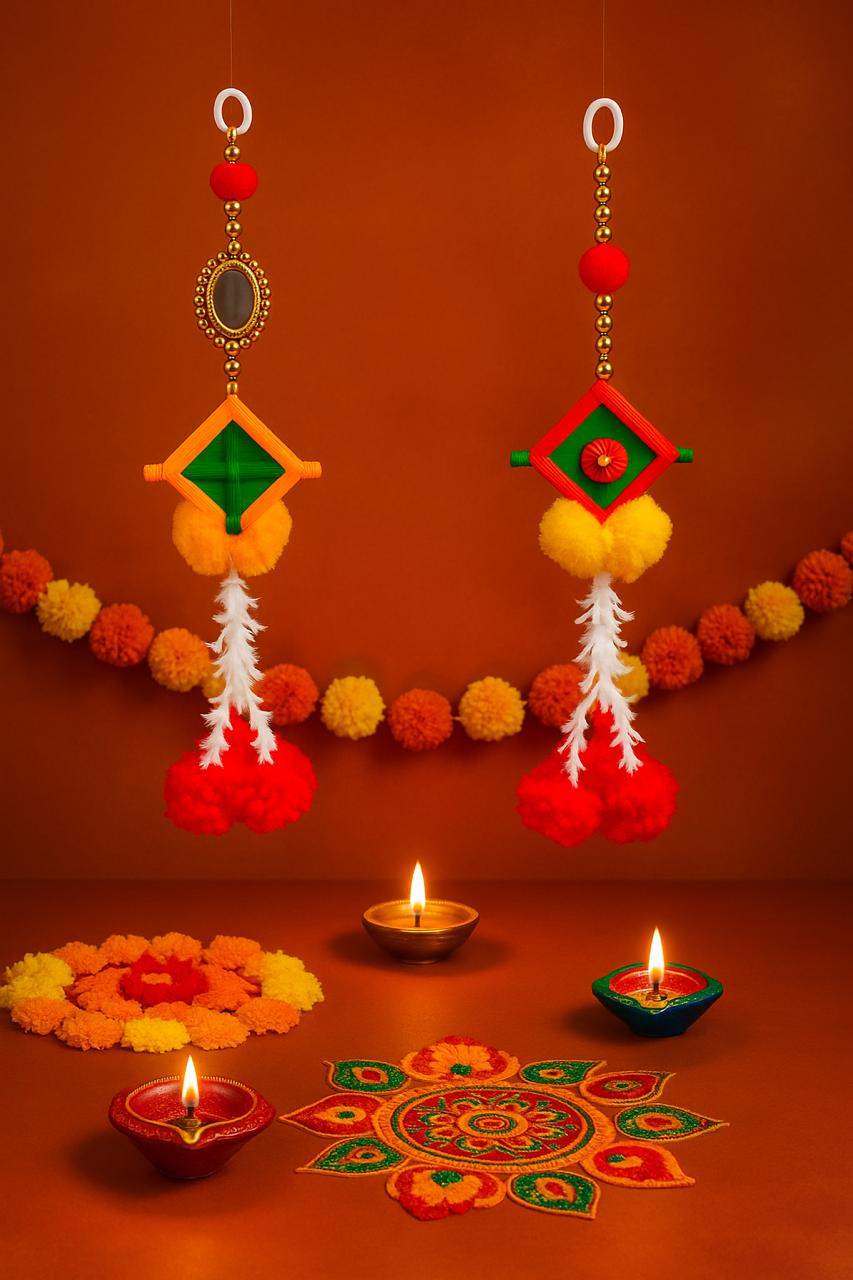 DEHATIBAZAR | Decorative Kundal Hanging Ornaments with Pompoms, Traditional Design, Red Green Yellow, Set of 2