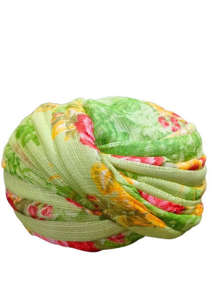 Floral Print Pagdi, Light Green with Pink and Yellow Flowers, Traditional Indian Style Turban